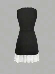 Women's Solid Color Patchwork Round Neck Sleeveless Simple Fitted Casual Mini Dress - Black and White - View 4