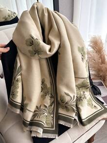 1条优雅花卉植物图案提花仿羊绒保暖围巾/披肩，百搭女士单品，适合秋冬季节，可日常搭配连衣裙，亦可作装饰。 - 橄欖綠 - 查看 2
