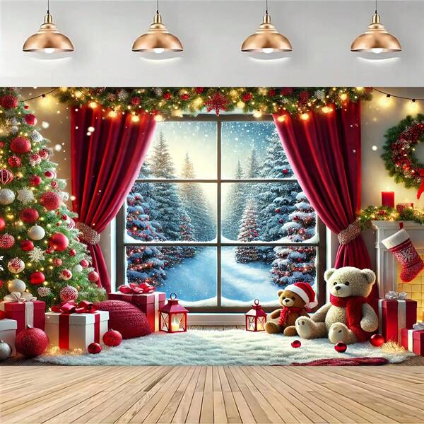Winter Wonderland Christmas Background Cloth - Polyester Fiber Snow Village Scene With Trees, Gifts, And Snowflakes, Suitable For Festival Parties And Photo Props