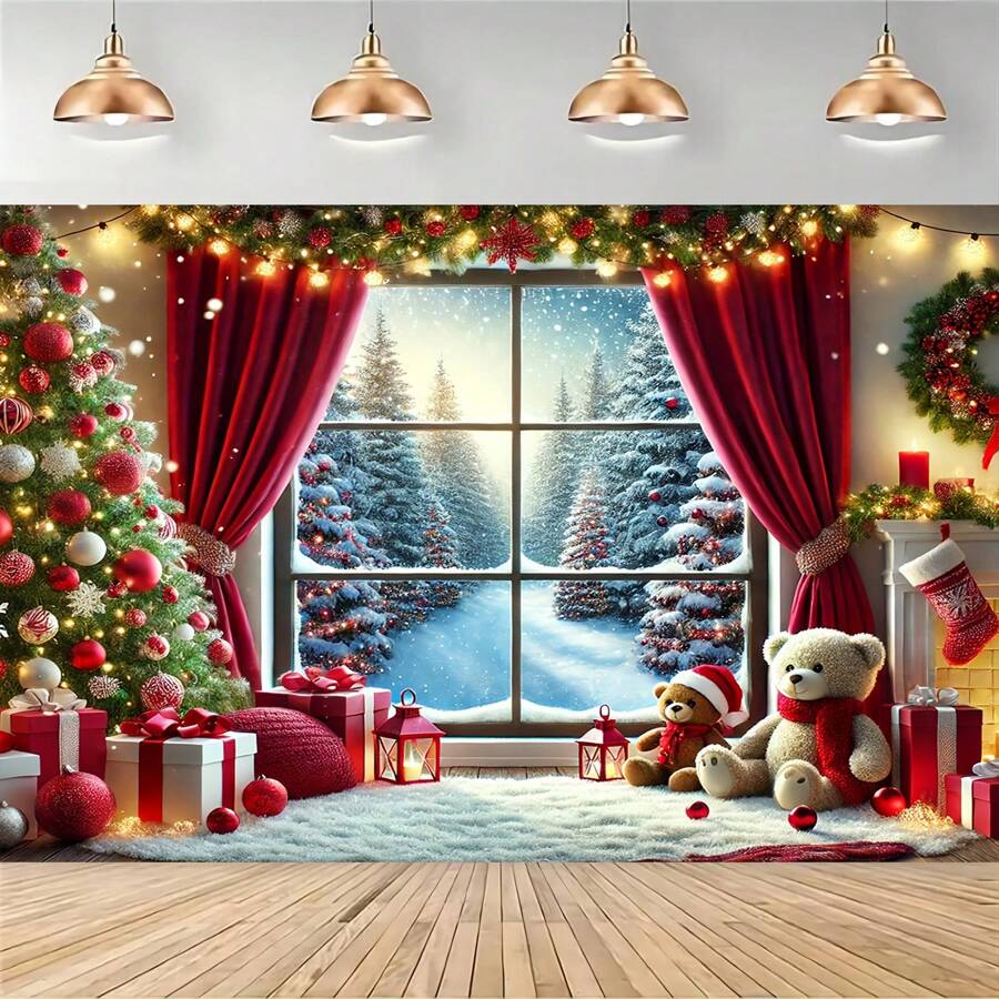 Pânză de fundal de Crăciun din Țara Minunilor de iarnă - Scenă de sat de zăpadă din fibră de poliester cu copaci, cadouri și fulgi de zăpadă, potrivită pentru petreceri de festival și recuzită foto