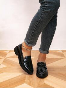 女士圆头平底乐福鞋,厚底复古休闲鞋,学院风学生鞋,春秋季 - 黑色 - 查看 5