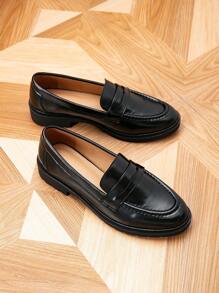 女士圆头平底乐福鞋,厚底复古休闲鞋,学院风学生鞋,春秋季 - 黑色 - 查看 7