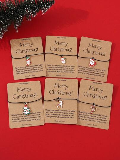 Set da 6 braccialetti natalizi con ciondoli a tema vintage: Babbo Natale, albero di Natale, pupazzo di neve, renna, bastoncino di zucchero, calza natalizia e biglietto di auguri "Buon Natale", ideali come regali per amici, famiglia, insegnanti e colleghi per le feste natalizie