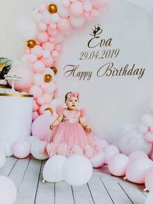 女嬰粉色3D花朵荷葉袖網紗聖誕派對優雅公主禮服，適合1歲生日派對、晚宴舞會、正式場合、婚禮花童裝、感恩節洋裝 - 粉色 - 查看 7