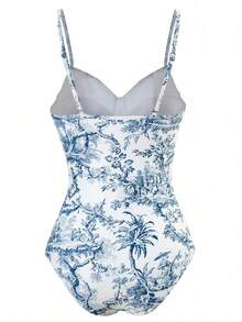 One Piece Bathing Suit For Women With Beach Cover Up Wrap Skirt Swimsuit  Retro Floral Print Bikini Set - Xanh và trắng - Xem 2