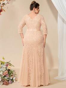 大码深V领亮片花卉蕾丝网纱美人鱼长裙，适合婚礼宾客、生日、家庭聚会、节日、毕业典礼等场合，尽显春季优雅气质。 - 香檳色 - 查看 3