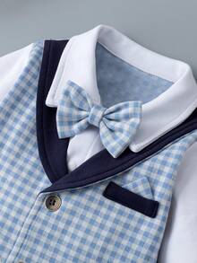 Baby Boy Plaid 2 In 1 Long Sleeve Gentleman Romper, Blue - Blue - View 3