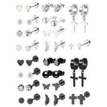 20 piezas Conjunto de aretes de acero inoxidable para mujeres y hombres con diseños de estrella, luna, flor, corazón, hoja y ópalo de 16G o 20G para cartílago, hipoalergénicos y con base plana para perforación y joyería - Pendientes - Ver 1