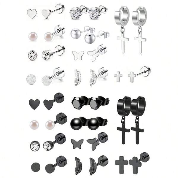 20pcs Stainless Steel Stud Earrings Set For Women Men Star Moon Flower Heart Leaf Opal 16G Or 20G Cartilage Earrings Hypoallergenic Flatback Earrings Piercing Jewelry