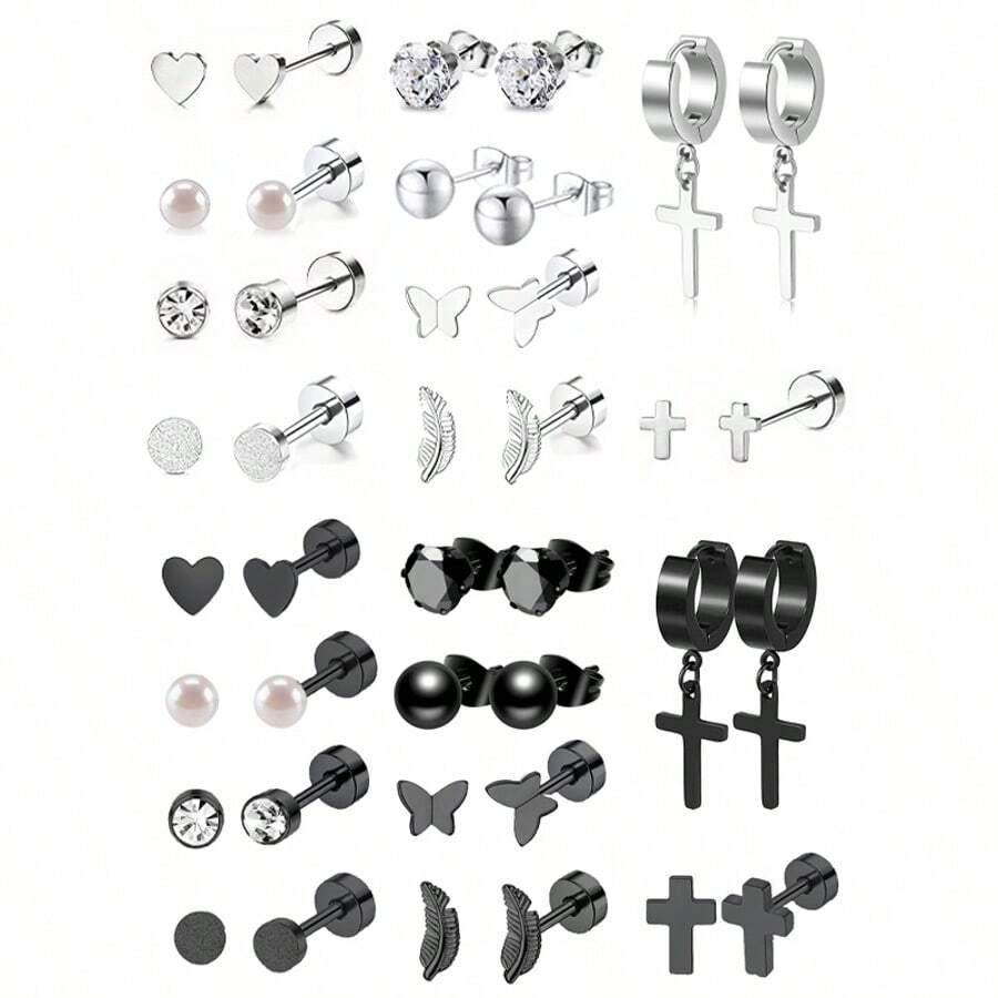 20 piezas Conjunto de aretes de acero inoxidable para mujeres y hombres con diseños de estrella, luna, flor, corazón, hoja y ópalo de 16G o 20G para cartílago, hipoalergénicos y con base plana para perforación y joyería - Pendientes - Ver 1