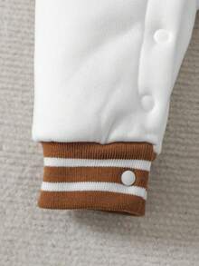 男婴针织毛绒罗纹长袖连体衣，拼接棒球熊图案，休闲可爱保暖连体衣，秋冬季 - 棕色 - 查看 9