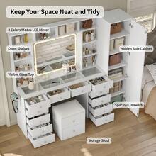 Yanosaku Vanity Desk With Full-Length & LED Mirror, 14 Drawers, 10 Shelves, Hidden Storage, Power Outlet, Dimmable 3-Color Lighting, White Makeup Vanity For Bedroom - 查看 7