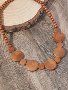 1pc Vintage Handmade Beaded Wooden Disc Elastic Necklace, Single Layer Sweater Chain Necklace For Men & Women - Coffee Brown - View 8