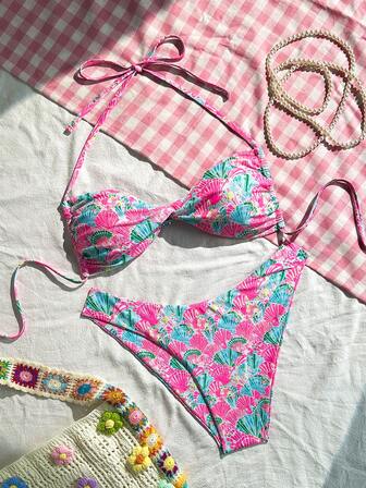 Conjunto de bikini de 2 piezas con textura sexy, de talla grande, de impresión digital con escote de concha para playa, fiesta en la piscina y natación, best seller