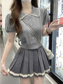 Peter Pan Collar Puff Sleeve Knit Sweater For Women, Sweet & Versatile Top, Summer 2025 New Arrival - Grey - View 7