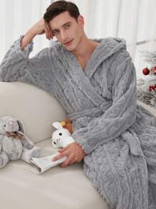 男士一件式柔软舒适提花抓绒长款连帽蓬松浴袍，带口袋，情侣款，加厚双层设计，适合秋冬季节穿着，温暖舒适