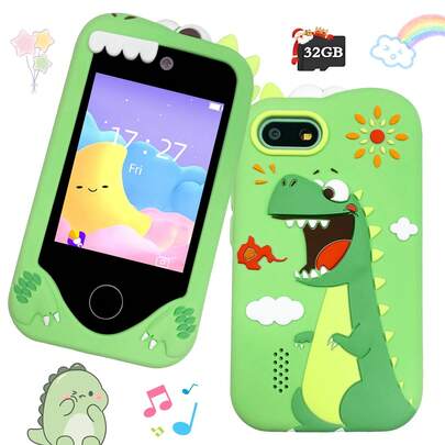 2.8英寸高清触摸屏儿童智能手机玩具，配有可爱恐龙外壳、1080P双摄像头、教育游戏和音乐播放器，是3-12岁男孩女孩的理想礼物（包含32GB SD卡）