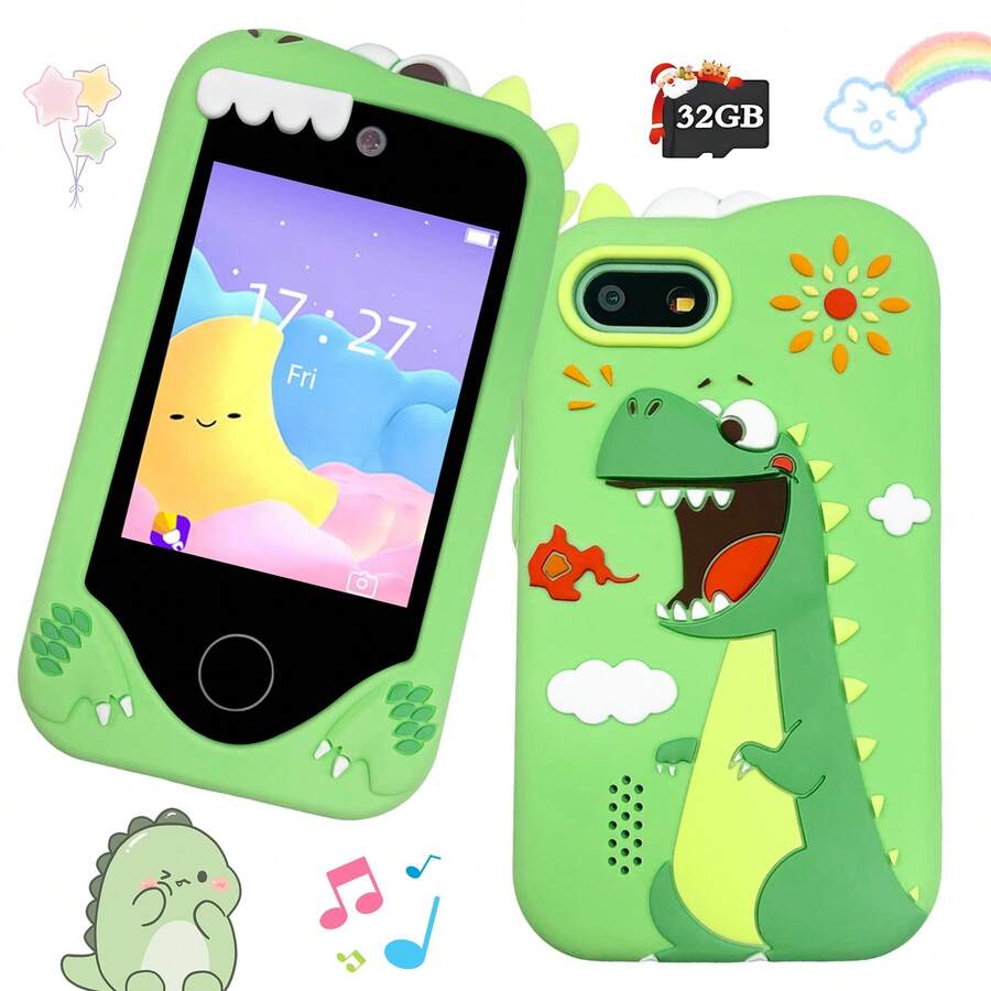 2.8英寸高清触摸屏儿童智能手机玩具，配有可爱恐龙外壳、1080P双摄像头、教育游戏和音乐播放器，是3-12岁男孩女孩的理想礼物（包含32GB SD卡） - 彩色 - 查看 1