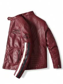男士 PU 皮夹克，立领拼接设计摩托车夹克，时尚撞色外套 - 酒紅色 - 查看 3