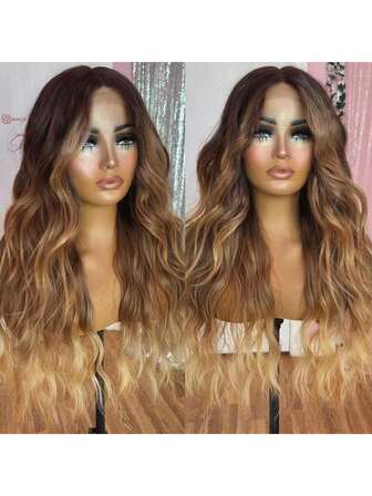 13x4x1 Synthetic Lace Front Wig Pre Plucked Highlight Ombre Honey Blonde Wigs For Women Ready To Wear HD Glueless Natural Wavy Wig For Women Long 28 Inch Middle Part Wig