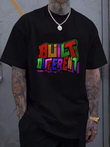 [Cotton T-Shirt] 180G Cotton Men's "Built Different" Letter Print T-Shirt | Relaxed Fit, Short Sleeve, Black S-3XL, Heat Transfer Print, AllSeason Clothing, Casual, Comfortable Sportswear