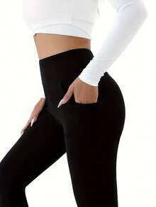 1pc Pocket Autumn And Winter Women's Sports Leggings, Warm And Thick Fleece Leggings Suitable For Skiing, Outdoor Leisure, Sports, Very Good Women's Trousers In Winter - 黑色 - 查看 3