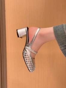 Xin Jing Shoes 女士编织圆头带粗跟穆勒鞋，休闲及办公场合皆宜，优雅玛丽珍鞋款，派对必备 - 銀色 - 查看 7