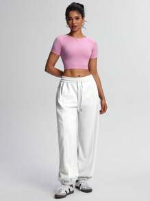 TCVC 女士休闲高腰抽绳宽松慢跑裤，高弹力腰带，宽松舒适，适合运动、休闲穿着、返校季、秋冬季紧身裤 - 白色 - 查看 4