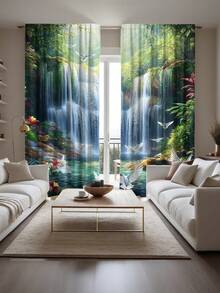 2pcs Nature Style Waterfall & Forest Landscape Blackout Curtains, Polyester, With Rod Pocket, Modern Design, Machine Washable, Suitable For Bedroom And Multiple Rooms - Multicolor 2 - View 4