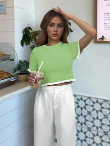 Women's Elegant Holiday/Graduation Knit Top, Casual Short Sleeve Cream Yellow Ruffle Hem Knit Pullover Sweater, Summer