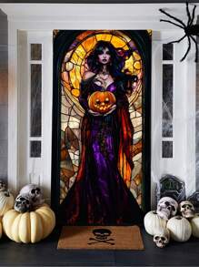 1 pezzo Decorazione per porta di Ognissanti a forma di strega - Elegante sagoma di strega in stile vetro colorato, realizzata in poliestere adatta per interno/esterno, adatta per feste di Ognissanti e decorazioni inquietanti per la casa