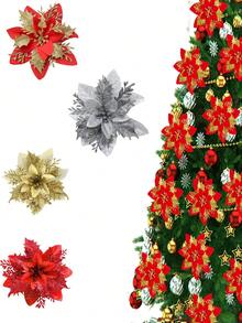 10pcs Shiny Flower Petals Decor, Artificial Poinsettia Flower Wreath, Christmas Tree Decoration, Suitable For Christmas, New Year, Wedding, Party - Multicolor - View 2