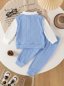 Baby Boys Knitted Jacquard Letter Embroidery Collar Mock Layer Top + Bow Decor Solid Color Casual Pants Set - Baby Blue - View 3