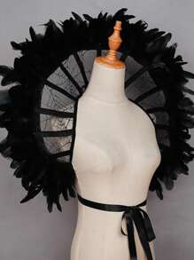 Dark Gothic Style Tied Cloak, Embroidered Fan-Shaped Mesh Cloak With Spider Web Pattern Black Themed Role-Playing Props And Accessories Black Cape - With Feathers - View 2