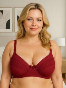 Plus Size Bra Without Reinforced Pads Satin Support - 酒紅色 - 查看 1
