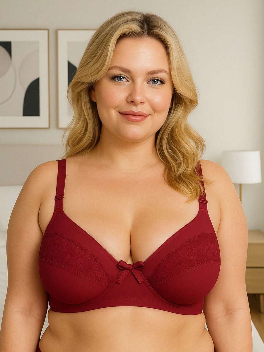 Plus Size Bra Without Reinforced Pads Satin Support - 酒紅色 - 查看 1