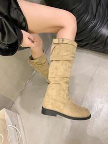 Botas de Bico Quadrado para Mulheres, Botas de Cano Alto Estilo Britânico, Botas de Primavera/Outono, Botas Versáteis de Moda Estilo Ocidental para Mulheres de Baixa Estatura, Botas Plissadas Acima do Joelho para Senhoras