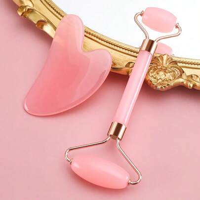 2pcs/Set Pink Gua Sha Massage Tool, Full Body Meridian Gua Sha Massage Roller, Facial Beauty Lifting Massage Device,Beauty,Skin Care Products,Spa,Self Care,Skin Care Tools,Face Care,Esthetician Supplies,Massage,Face Massage Tool,Face Roller