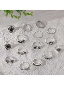 15pcs/Set Rhinestone Decor Star, Sun, Moon, Butterfly, Letter Design Rings - Antique Silver - View 4