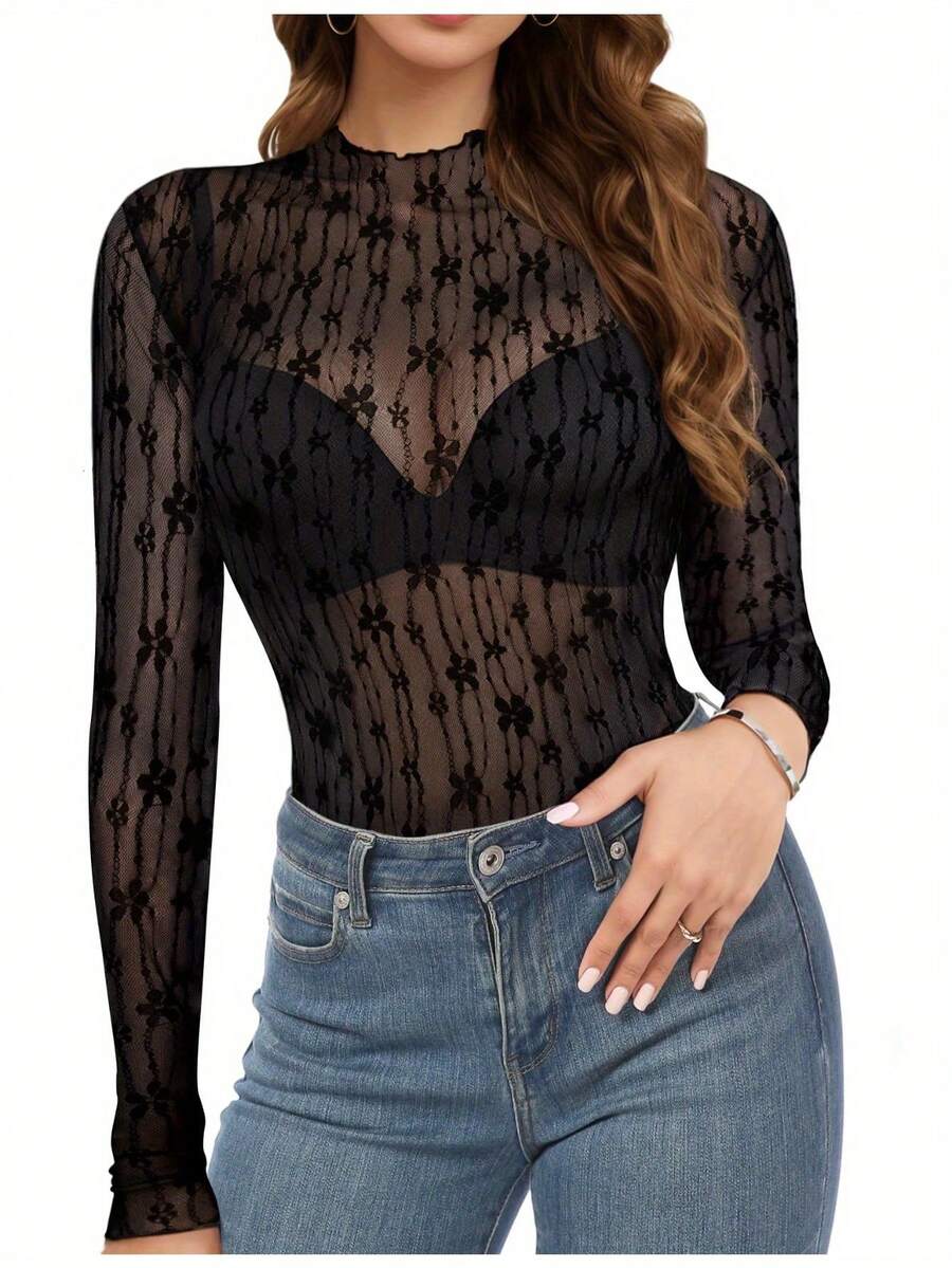 Mesh Long Sleeve Top For Women, Lace Sheer Tops See Through Mock Neck Floral Embroidery Sheer Blouce Fishnet Shirt - Đen tối - Xem 1