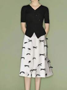 Women Summer Long Skirt Casual Elegant Cute Bow Elastic Waist A-Line Skirt For Beach Vacation Club Streetwear