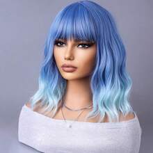 Ombre Blue Wigs For Women Short Curly Wavy Blue Wig For Girls Short Bob Wig With Bangs Heat Resistant Synthetic Wigs For Cosplay Costume Party (Blue Ombre Wig)Essential Festive Atmosphere For Christmas - Nâu và Vàng - Xem 8