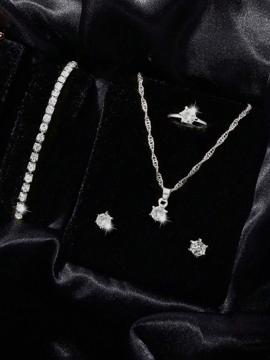 5件套优雅婚礼首饰套装，女士礼品 - 銀色 - 查看 1