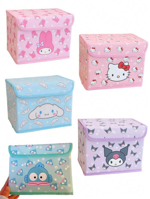 Sanrio 1 pieza Caja de almacenamiento de escritorio plegable con tapa de la serie de cuadrícula de Kuromi de Hello Kitty de Sanrio, organizador de escritorio para cosméticos, papelería, juguetes, ropa interior y otros artículos varios
