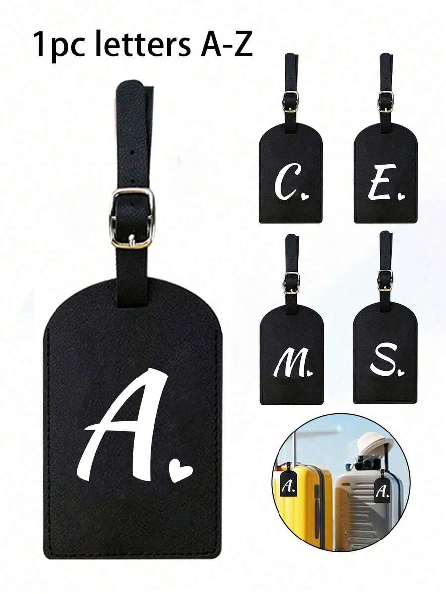 个性化皮革行李牌，可定制A-Z字母，隐私保护套，带名片槽，可爱旅行背包标签，男女通用，适用于宠物包、背包、行李箱、文具包等，旅行必备，适合海滩度假、返校季，是送给家人、朋友和老师的理想礼物，字母印花 - 黑色 - 查看 1