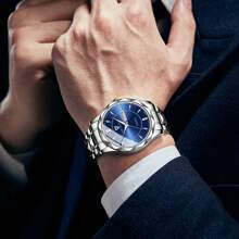 NARY 男士高端手表，休闲商务石英表，带日期和星期显示，不锈钢表带，水晶镶嵌表盘，适合日常佩戴、节日礼物、商务活动和聚会 - 藍色 - 查看 12