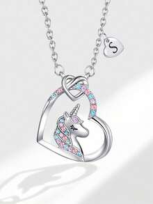 1pc Cute Popular English Initial Letter A-Z Heart Shaped Unicorn Necklace For Girls Birthday Gift For Dating And Daily Life - Silver - View 2