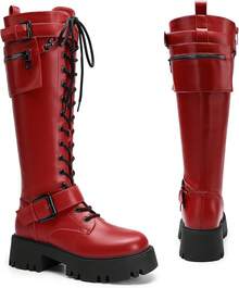 Women's Combat Riding Platform Knee High Boots, Lace Up Fall Lug Sole Gothic Motorcycle Boots With Inside Zipper, 2025 Style - Red - View 5