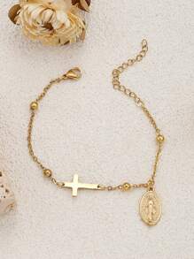 1pc Virgin Mary Cross Chain Bracelet For Women, Stainless Steel 14k Gold Plated Cross Imitation Pearls Gold Beads Charm Chain Bracelet, Christian Gift, Trust Gift, Cross Gift, Friendship Gift