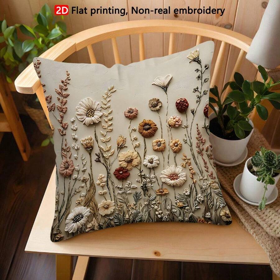 TOPSSCTR 1pc 2D Flat Printing Vintage Wildflower Non-Embossed Pillow Cover, 45x45 Cm, Machine Washable, Zipper Closure, Polyester, Woven Decorative Cushion Case For Living Room, Bedroom, Office - Beige - View 1